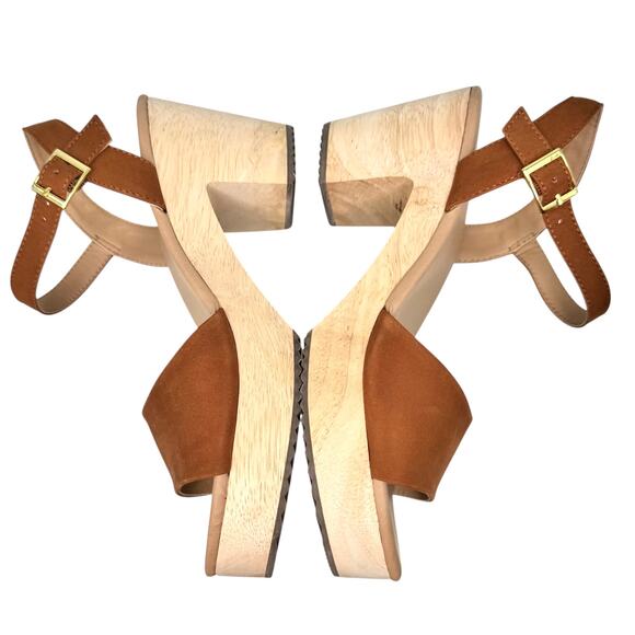 Ann Taylor LOFT Cognac Suede Leather Wooden Platform Clog Sandals Size 7.5 NIB - Picture 6 of 11